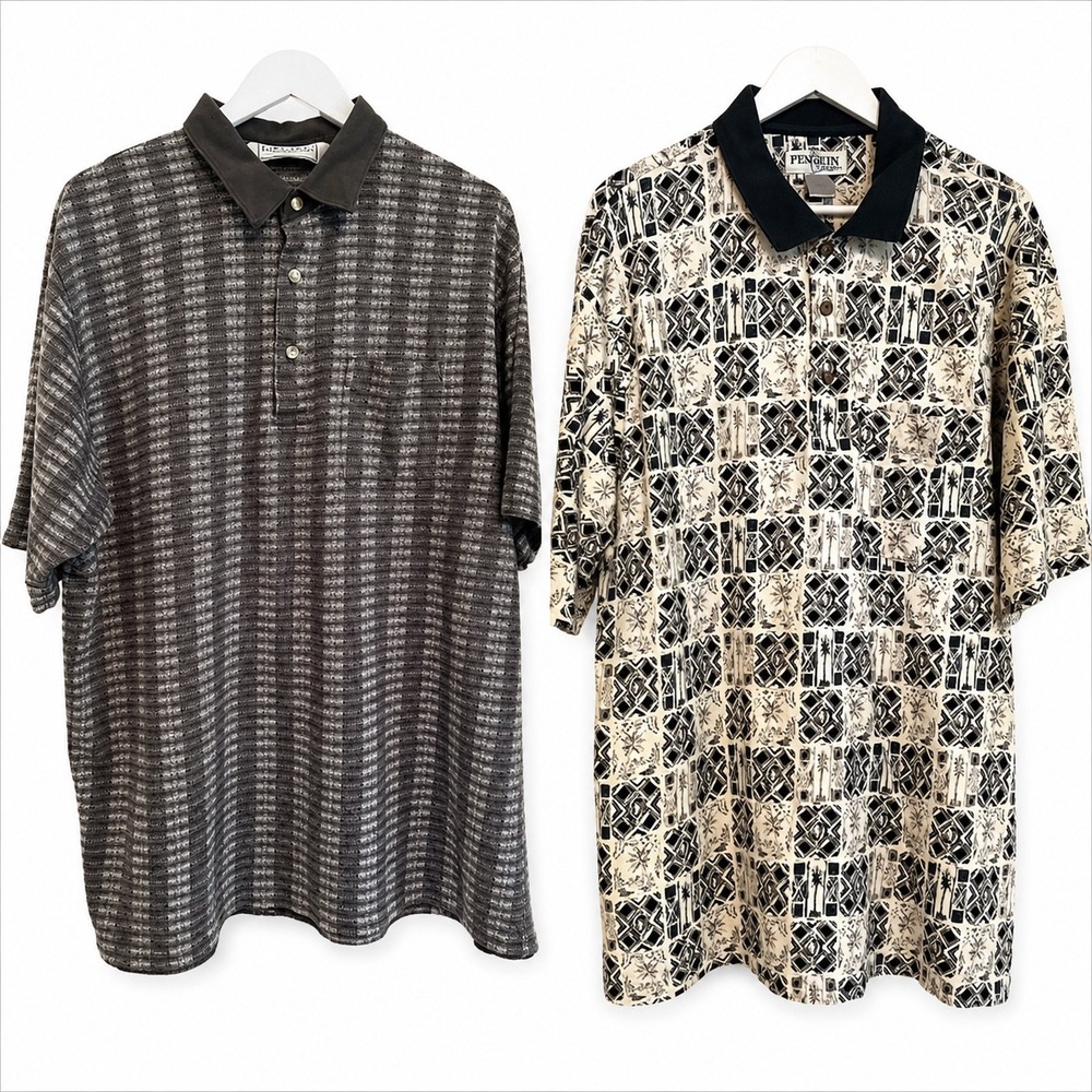 Mens XL Polo Shirt Bundle Penguin Sport Tropical Palm Geometric Golf Lot of 2